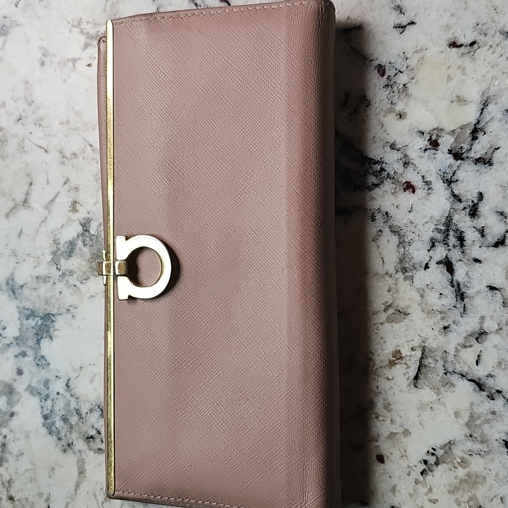Salvatore Ferragamo Continental Pink Wallet with Gold Accents